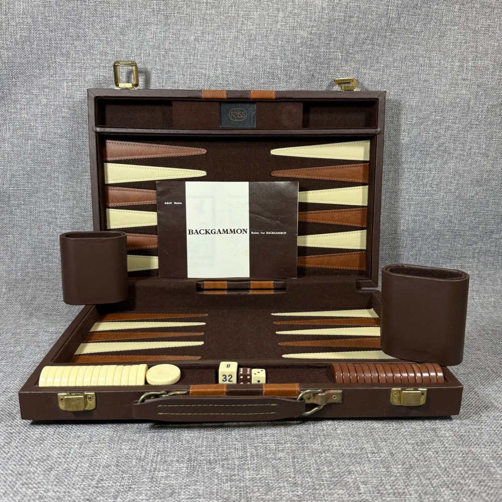 VTG Reiss Backgammon Travel Game Set Brown Faux Leather Classic Case 15" x 10"